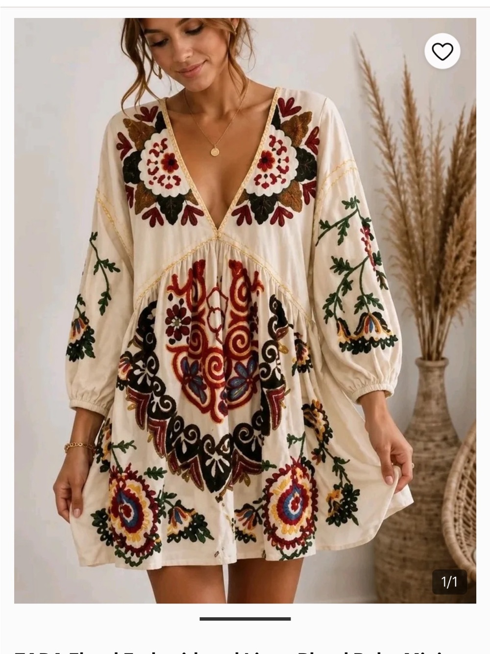 Zara Cream Boho Embroidered V-Neck Mini Dress with Multicolor Floral Detail